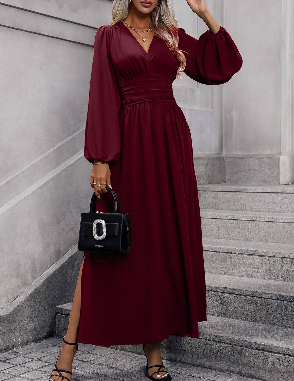 Sukienki damskie 3.0 V Neck Elegancki Długi rękaw Maxi Elastic Casual Sukienka Jesień i Zima