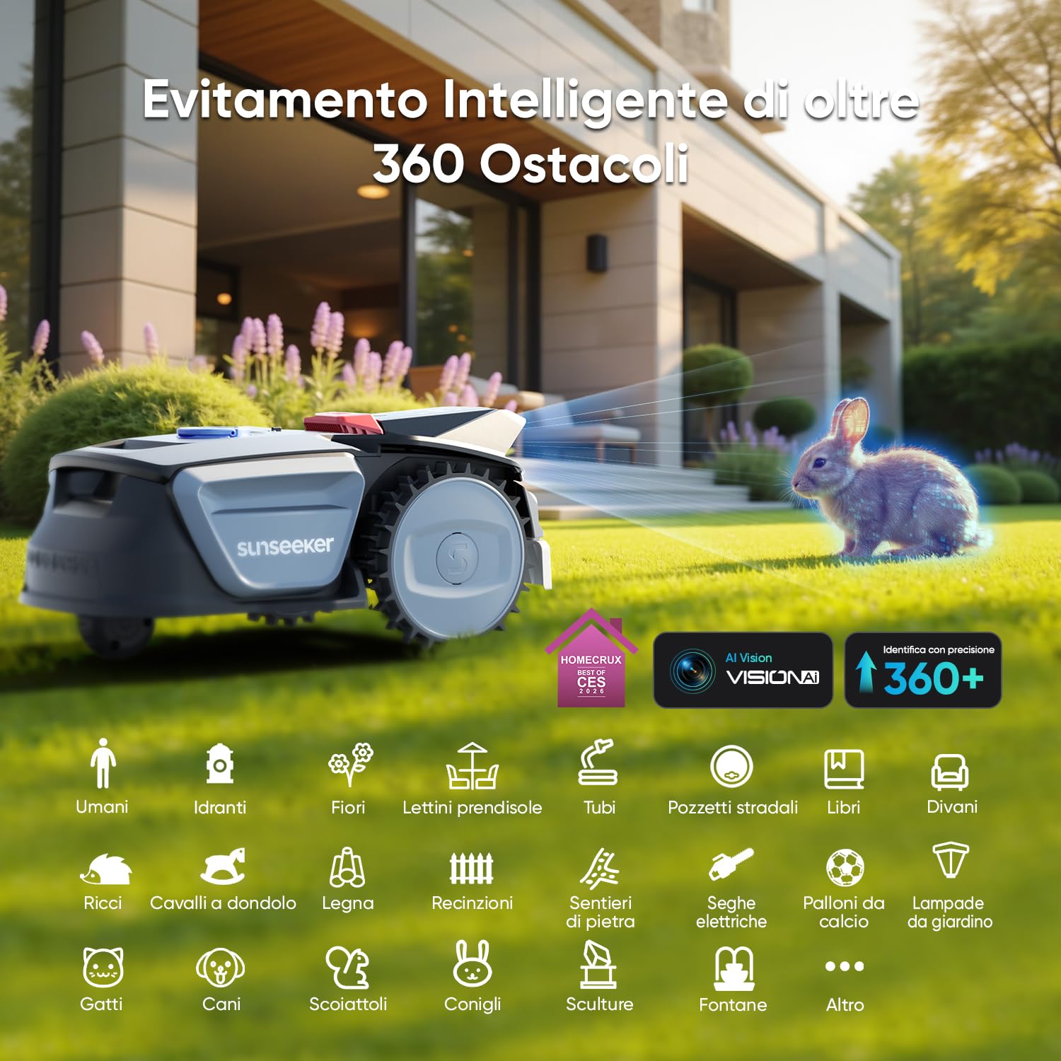 Sunseeker V1 con Garage, Robot Tagliaerba Senza Filo Perimetrale, 300 m² per Piccoli Giardini, Vision AI, Evitamento degli Ostacoli, Pendenze 27%, Taglio con un Clic, Controllo tramite App
