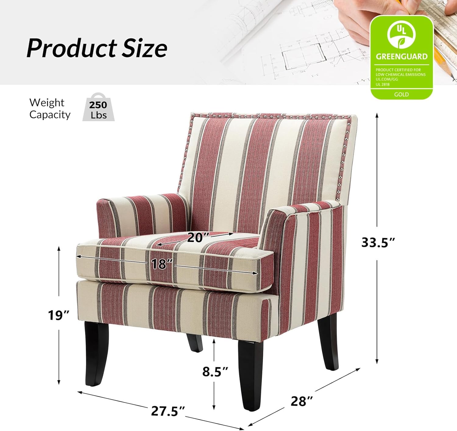HULALA HOME Modern Accent Chair with Arms and Wooden Legs, Striped Accent Chair Armchair High Back Rest, Padded Armrest and Comfortable Cushioned Seat for Living Room (Stripe Red)