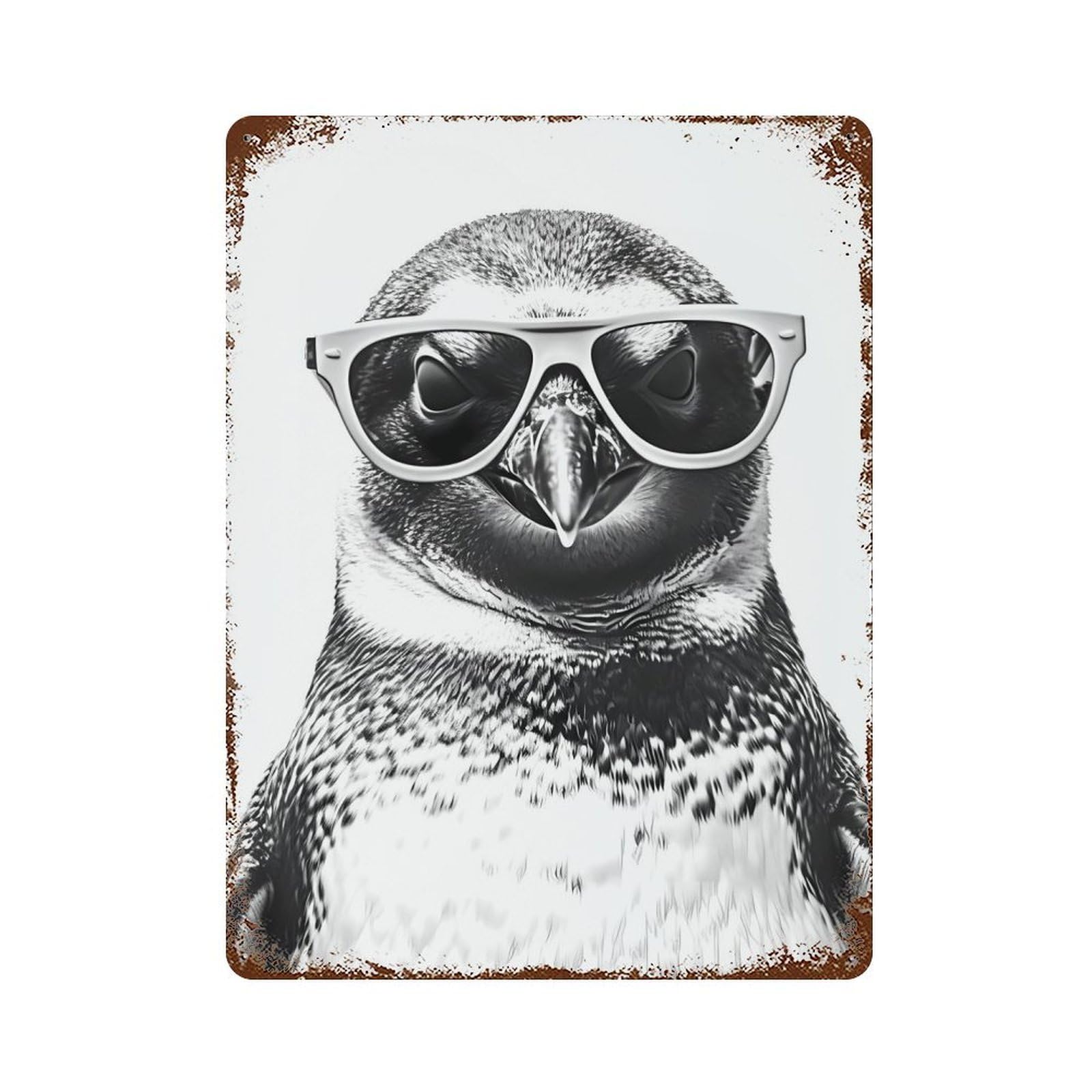 Vintage Rust Metal Sign Penguin Sunglasses 15.7"x11.8", Shabby Chic Decor for Cafe, Home Bar And Lounge Decor