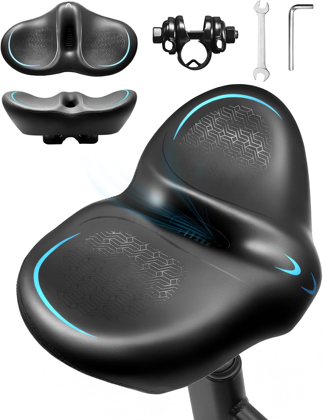 Oversized Noseless Bike Seat for Men & Women, 13.4" Extra Wide Comfort Bicycle Saddle, Large Soft Cushion with 3.15" Thick Pad, Pressure Relief Replacement for E-Bike, Cruiser & Stationary Bikes