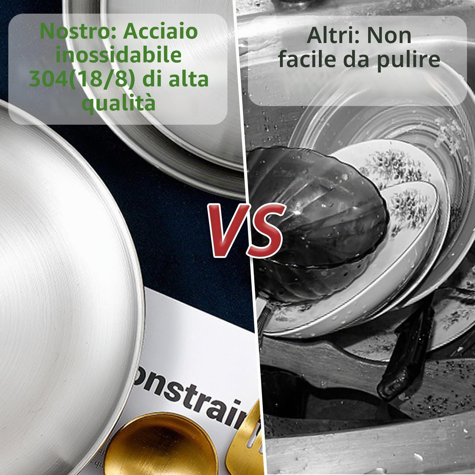 Set di 6 piatti in acciaio inox 18/8, 20,3 e 22,9 cm, 304 metallo, per bambini e adulti, piatti da portata rotondi per ristoranti, antipasti, colazione a buffet, campeggio (argento)