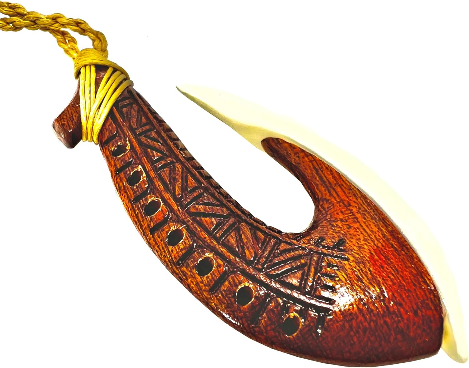 Hawaiian Jewelry Handmade Tattoo Koa Wood and Buffalo Bone Hawaii Fish Hook Pendant Necklace - Image 2