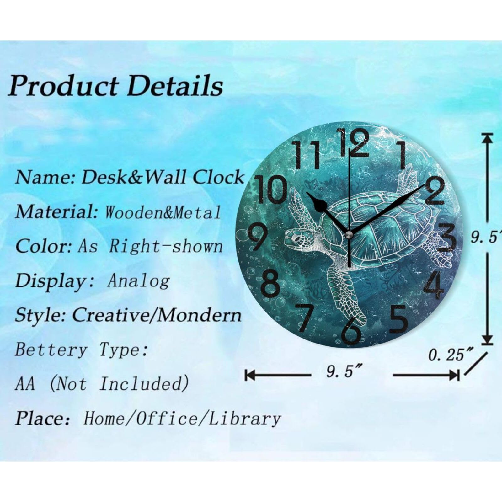 ZzWwR Beautiful Swimming Sea Turtle Art Round Wall Clock, 10 Inch Analog Quiet Non Ticking Desk Clock for Home Kitchen/Living Room/Bedroom/Bathroom/Office