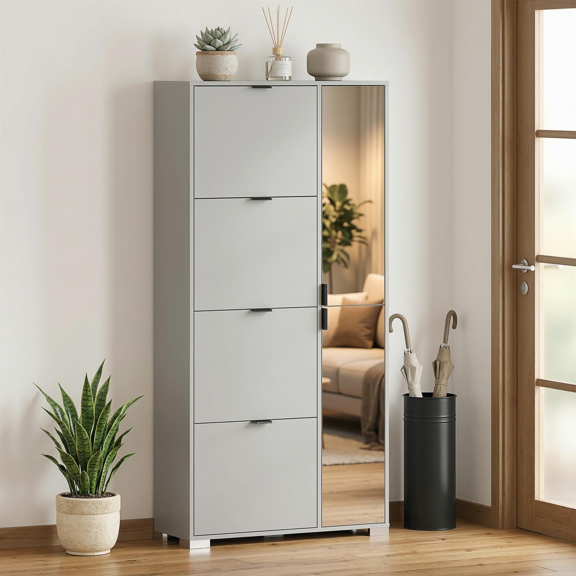 HOMCOM Scarpiera Salvaspazio Slim Alta con 2 Ante a Specchio e 4 Ante a Ribalta, Scarpiera Ingresso con Ripiani Regolabili, 2 Armadietti, 5 Gambe, Porta Scarpe per 16 Paia, 82x30x168 cm, Grigio