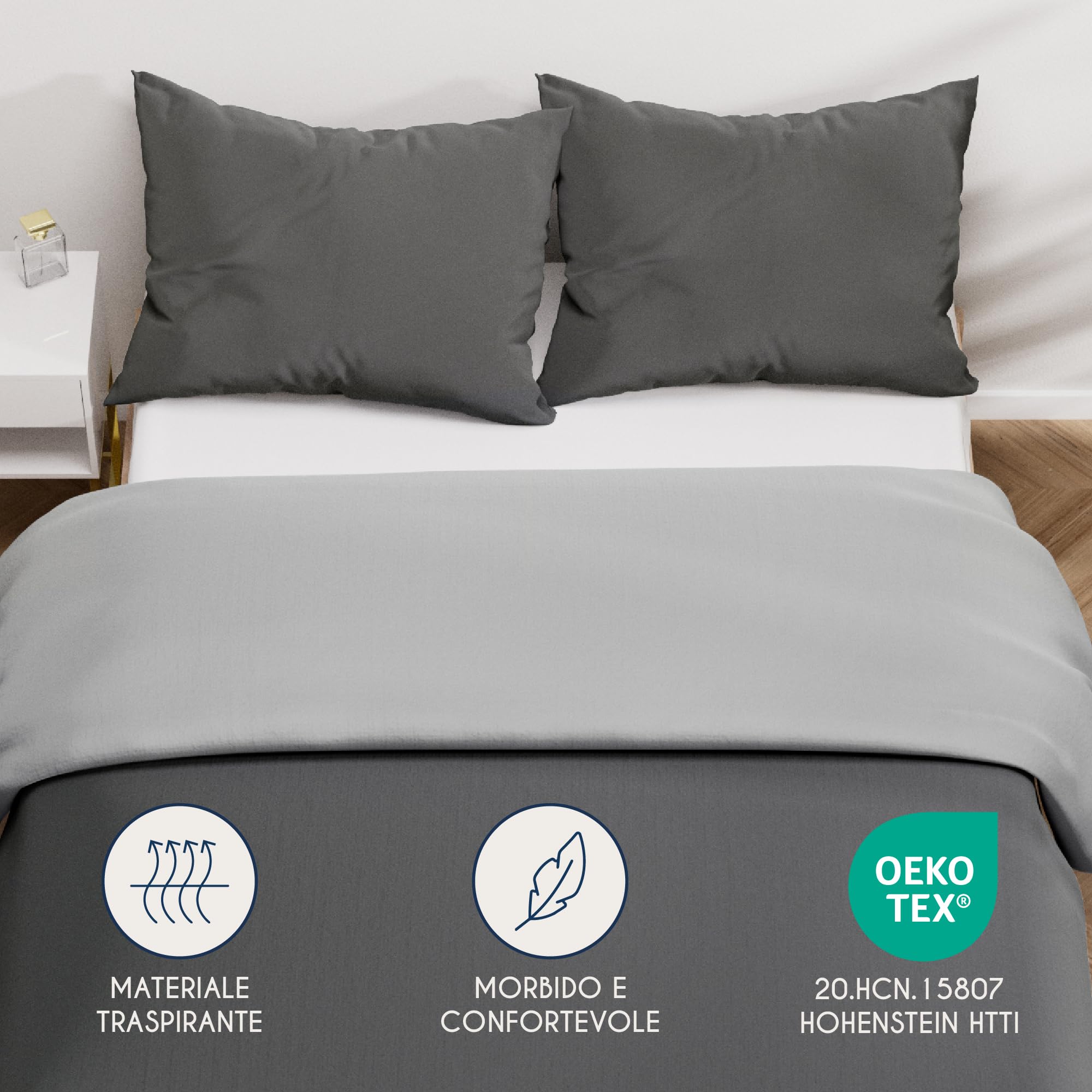 Dreamzie Copripiumino Matrimoniale 200x200 cm con 2 Federe 50x70 cm - Grigio Scuro/Grigio Chiaro Set Copripiumino Matrimoniale 200x200