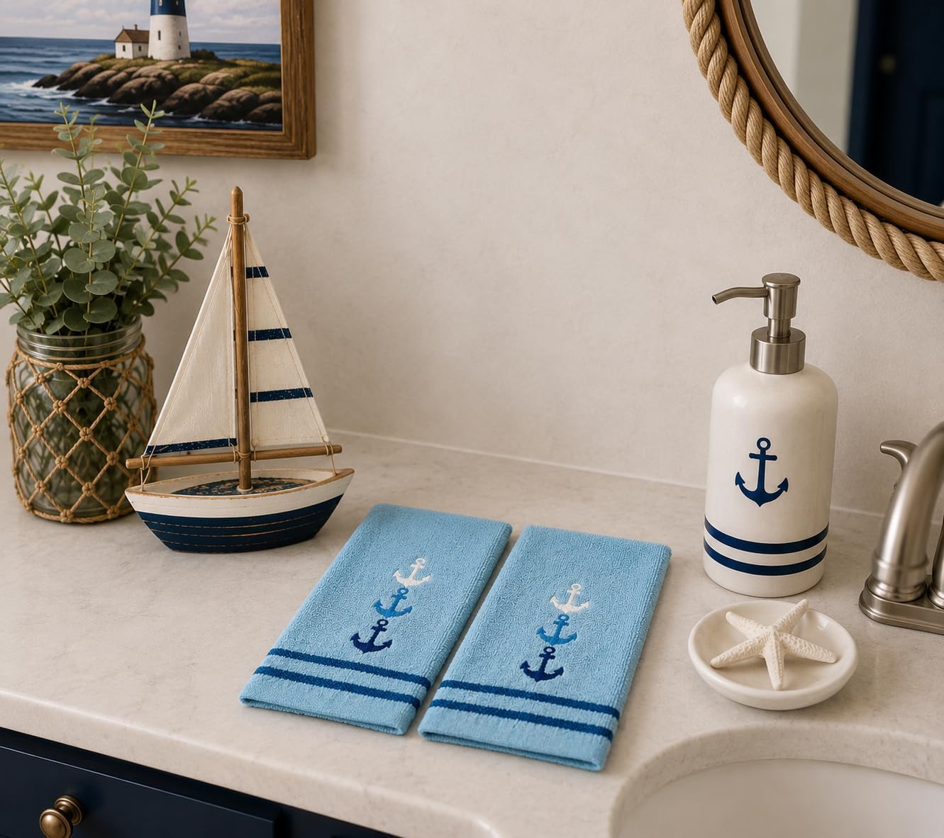Coastal Guest Blue Fingertip Hand Bathroom Towels, Trio of Anchors, 12x18"