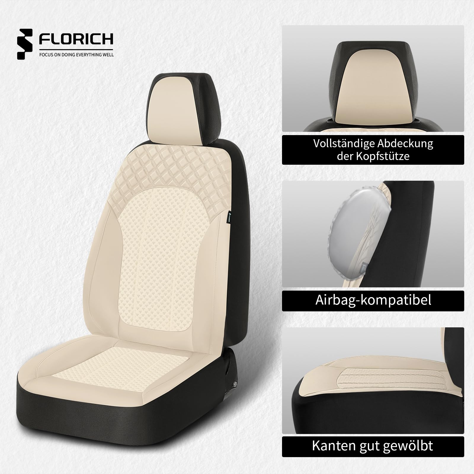 FLORICH Coprisedili per Auto Coprisedili Anteriori, in Pelle PU e Air-Mesh Coprisedili Traspiranti Coprisedili Interni Adatti alla Maggior parte Delle Autovetture, SUV (Anteriori, Beige)