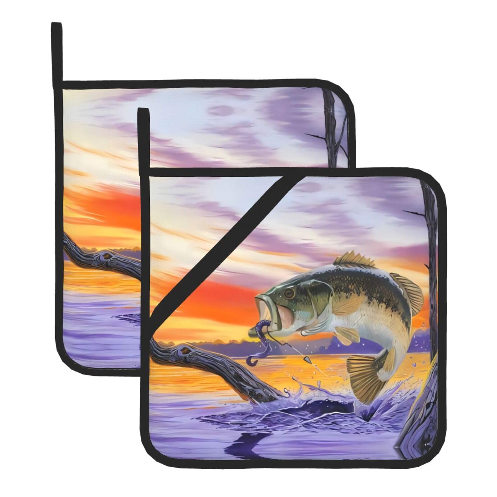 WHJSSF Bass Fish Prints Square Hot Pads for Kitchen Counter - Waterproof Trivets with Hanging Loop, Thick Pot Covers for Serving, Oven & BBQ - Set of 2 (1 with Pocket)