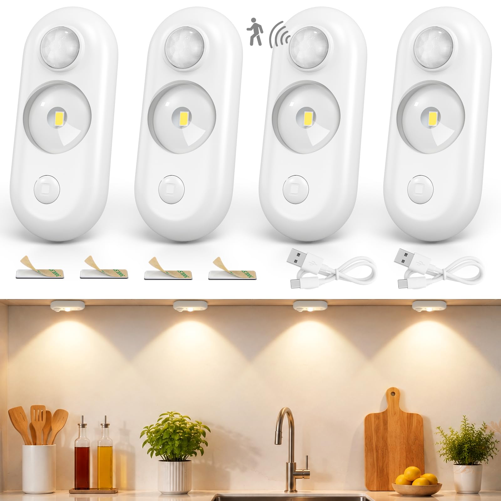 NIEGNOWOO 4 Pack Motion Sensor Puck Lights, Rechargeable LED Cabinet Lights, Dimmable Stick-On Under Cabinet Lighting, Wireless USB Night Lights for Kitchen, Wardrobe, Stairways, Hallway, Warm White