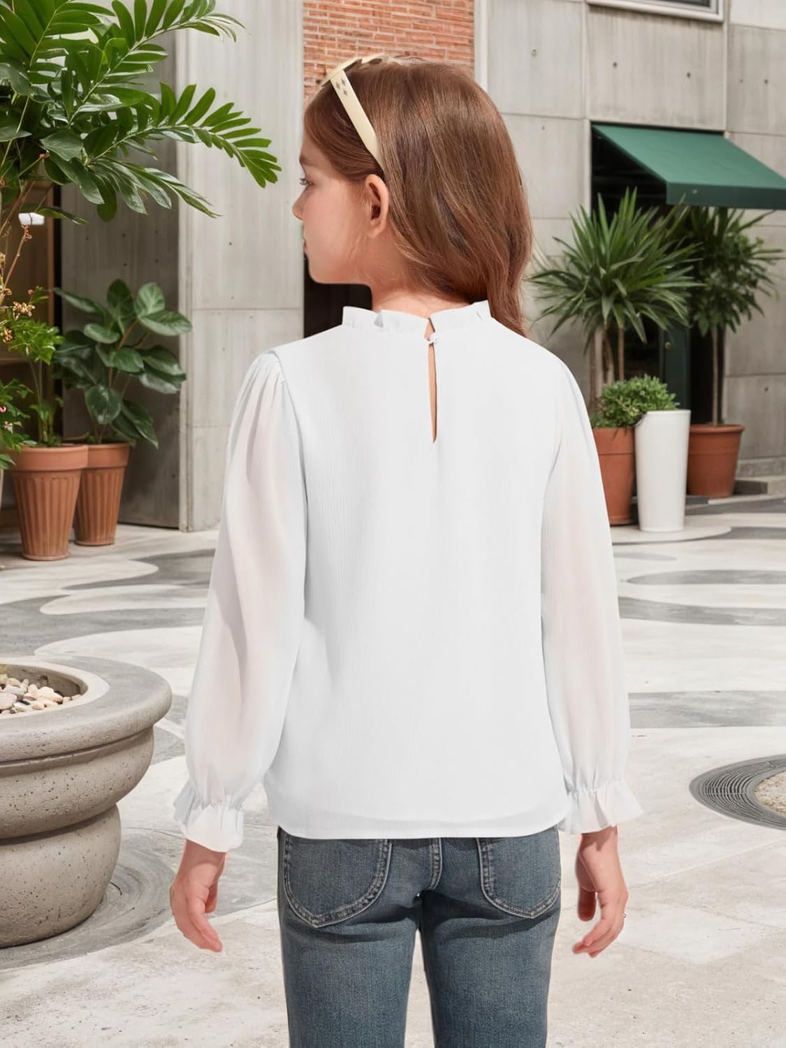 Haloumoning Girls Long Sleeve Shirts Chiffon Blouses Kids Cute Puff Sleeve Ruffle Mock Neck Casual Tops 5-14 Years - Image 5