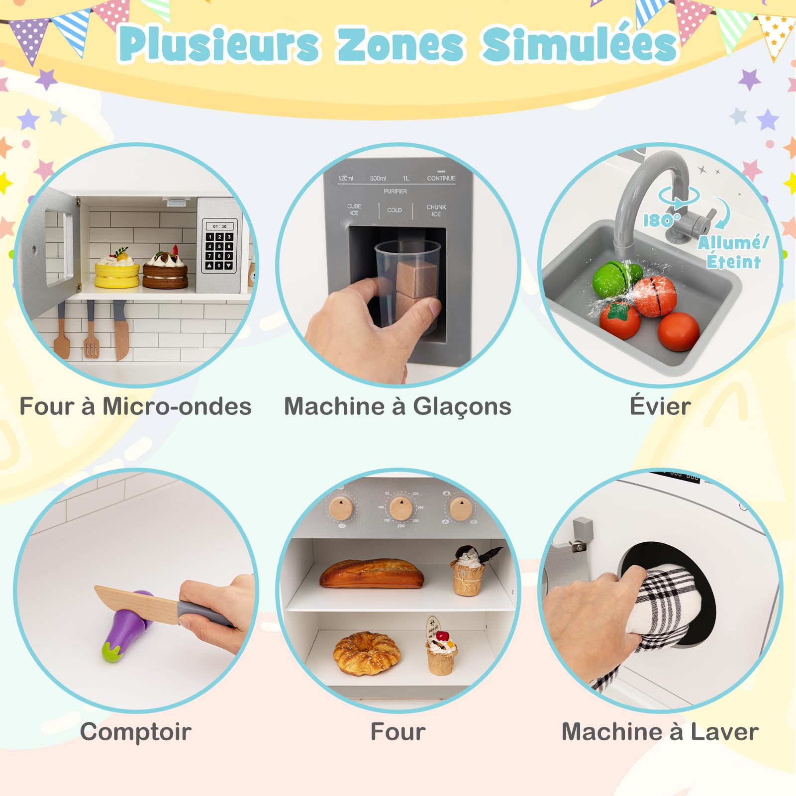 COSTWAY Cuisine Enfants en Bois avec Lumière & Effet Sonore, Jeu de Cuisine d'angle avec 14 Accessoires & Micro-Ondes, Espace de Stockage, Jouet d’Imitation pour 4 Enfants de 3-10 Ans (Blanc)