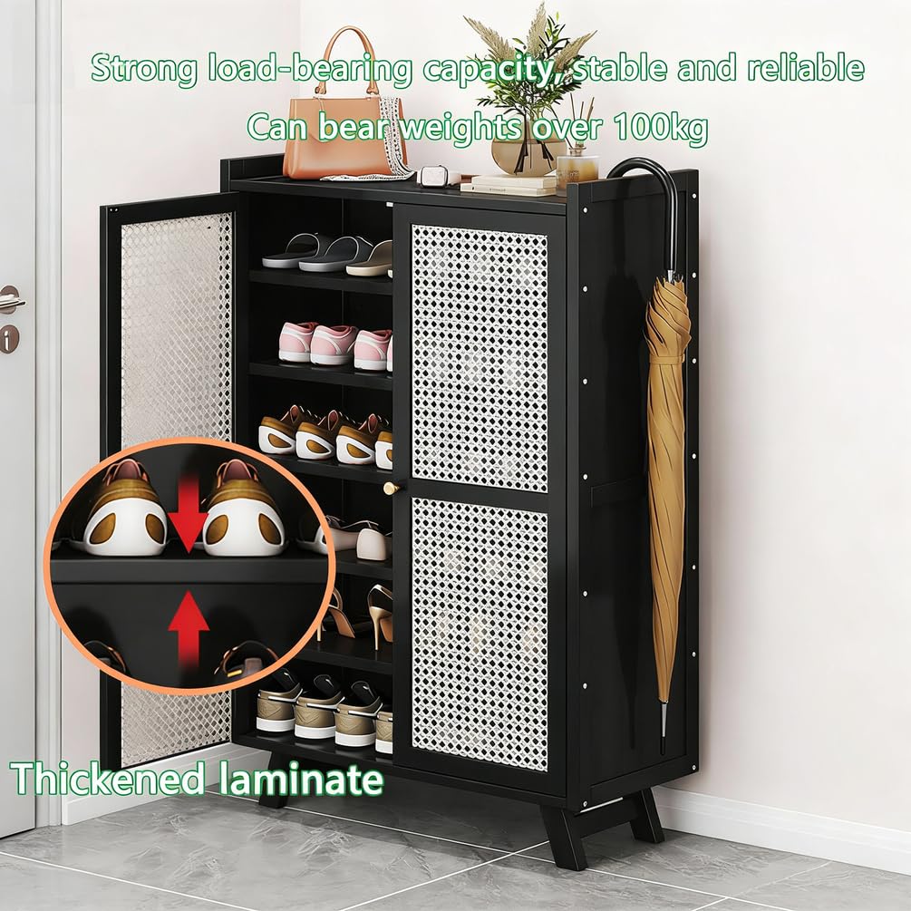 Meuble de Rangement à Chaussures Armoire D'entrée étroite Buffet Haut en Rotin étagère à Chaussures en Bambou Grand Meuble à Chaussures Autoportant