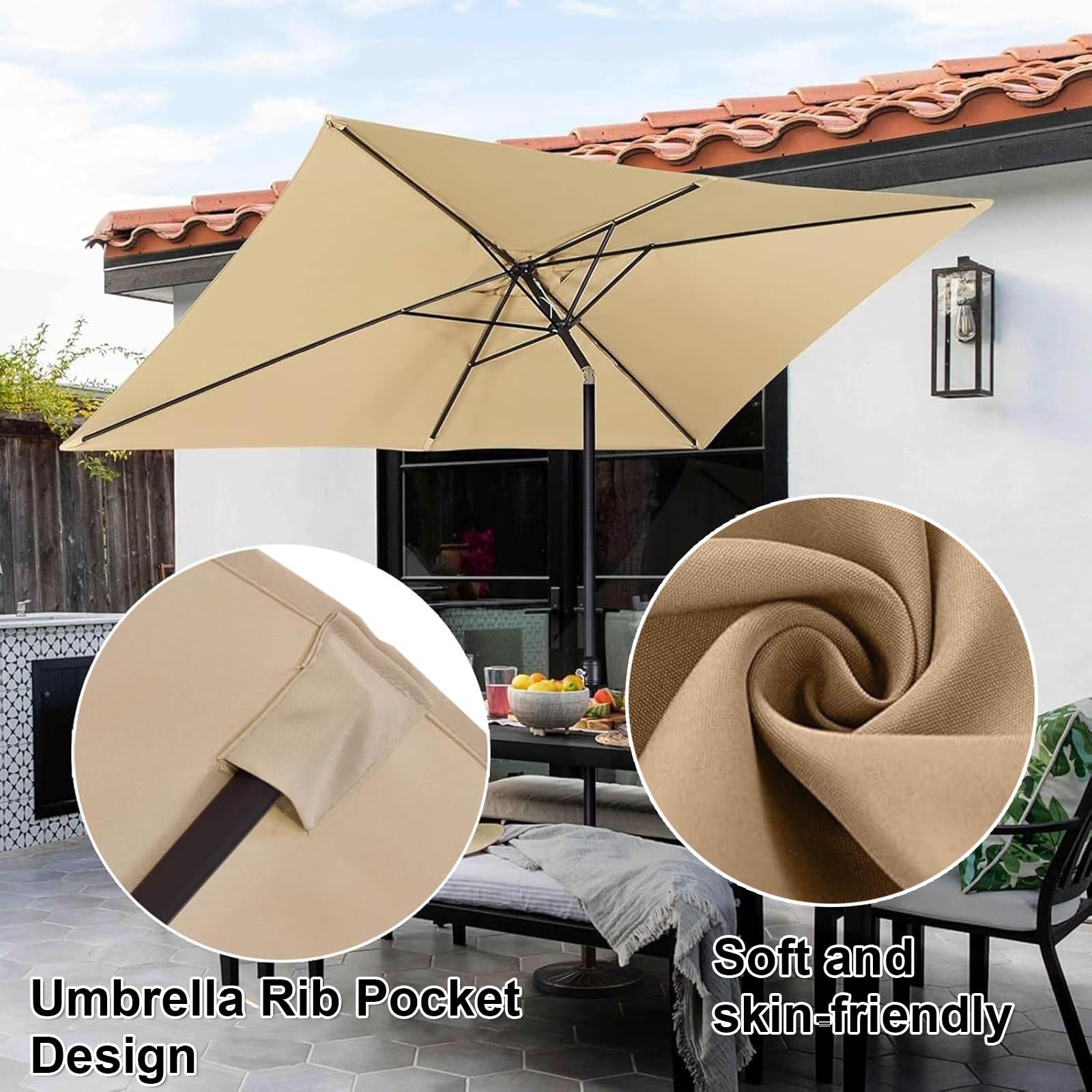 Telo di Ricambio per ombrellone da Giardino Resistente allo sbiadimento - Copertura Impermeabile e ventilata per ombrelloni a 6 Stecche da 3x2 m, Tessuto per Esterni UPF 40+ Verde Scuro