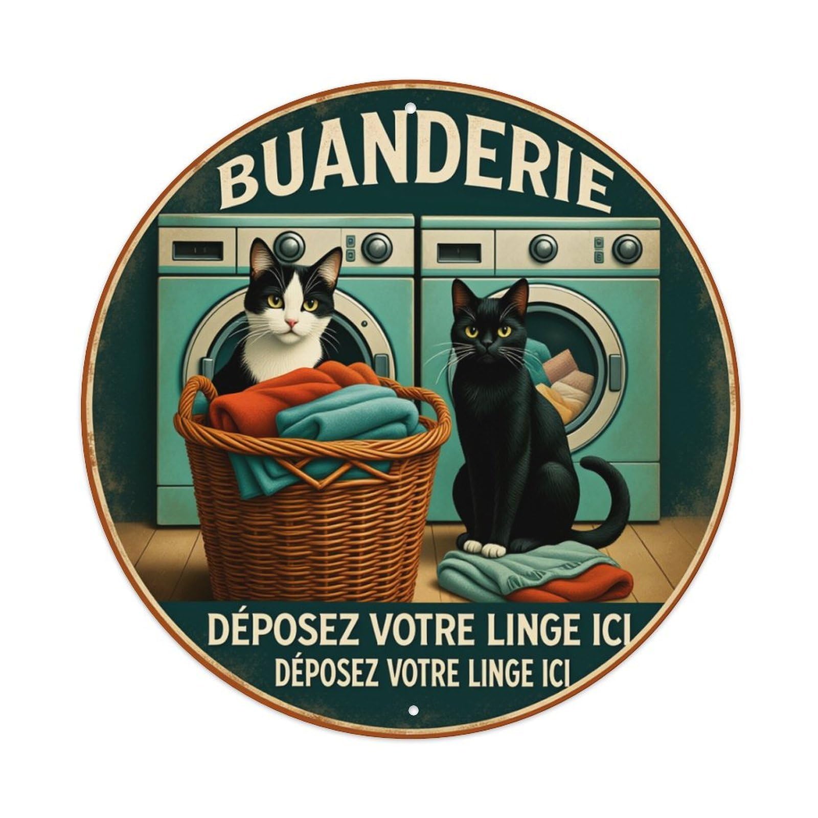 Cat Laundry Basket Washing Machine Round Tin Sign Retro Metal Sign for Cafe Bar Pub Home Game Room Gym Club Wall Decoration Vintage Metal Poster 8x8 Inch
