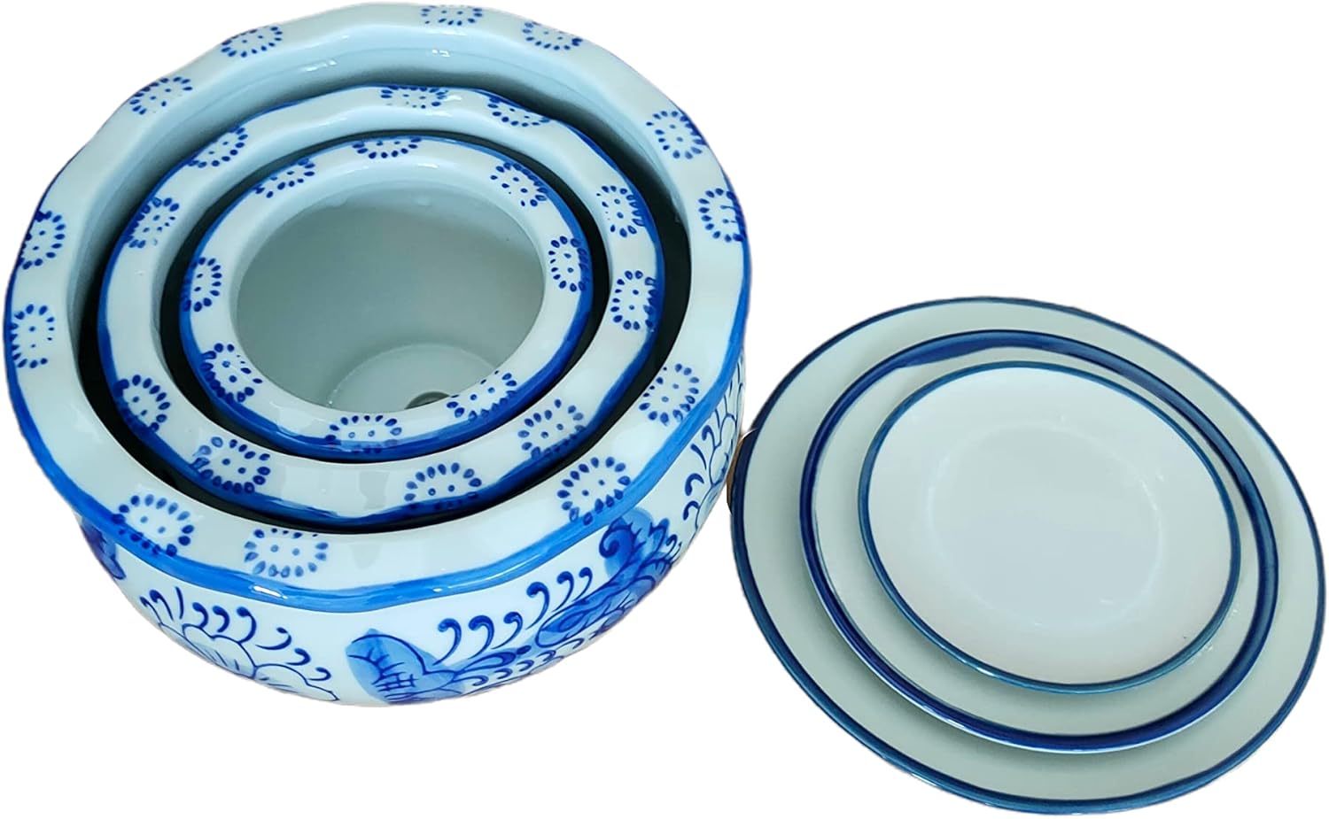 Small Blue and White Porcelain Flower Pot Set of 3 Oriental Ceramic Flower Plant Pots Indoor with Porcelain Saucer for Garden and Indoor,Mini Flower Pot Set of 3