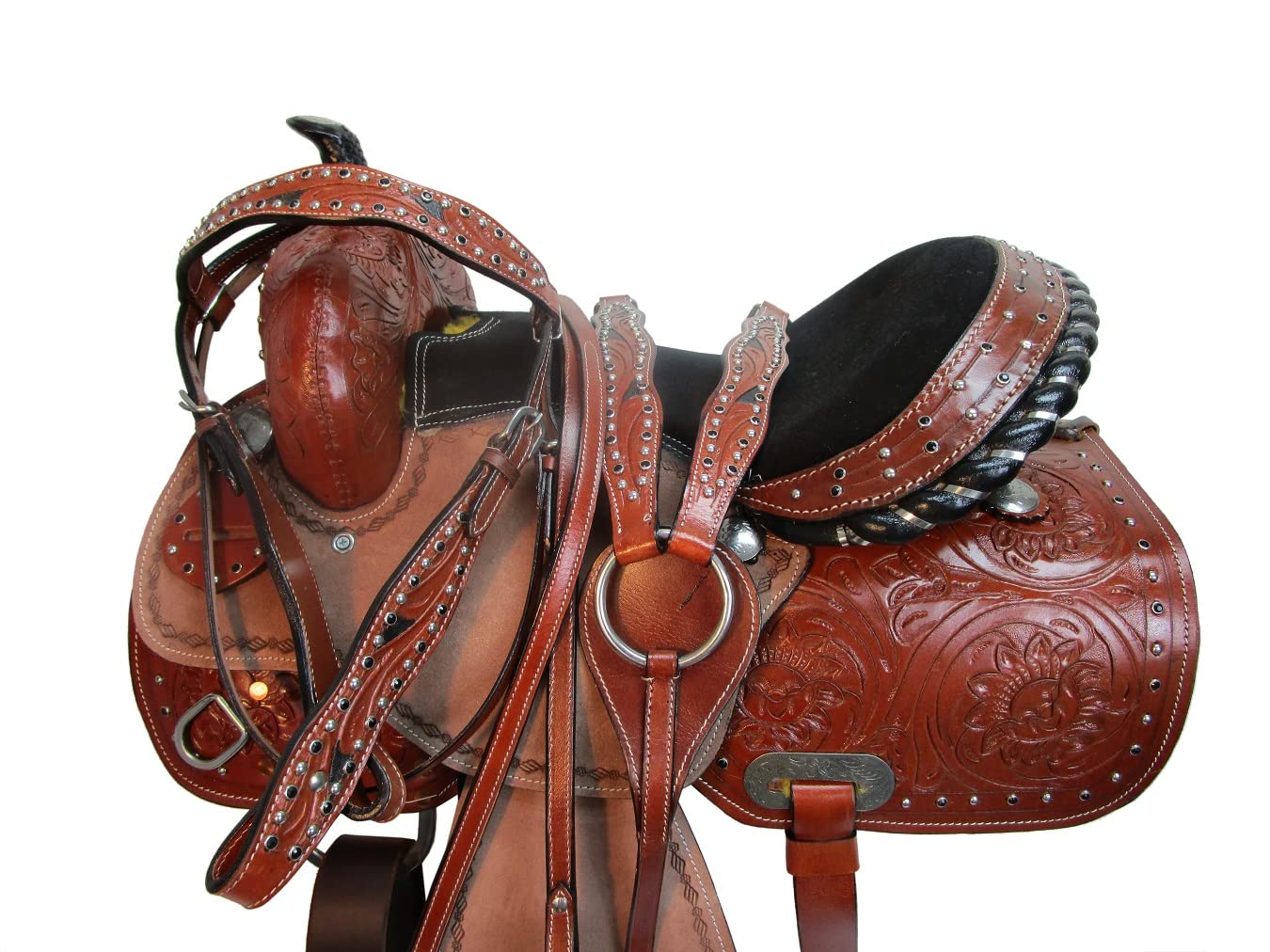 PRO Western 15 16 Floral Tooled Silver Studded Trail Barrel Racing Saddle TACK