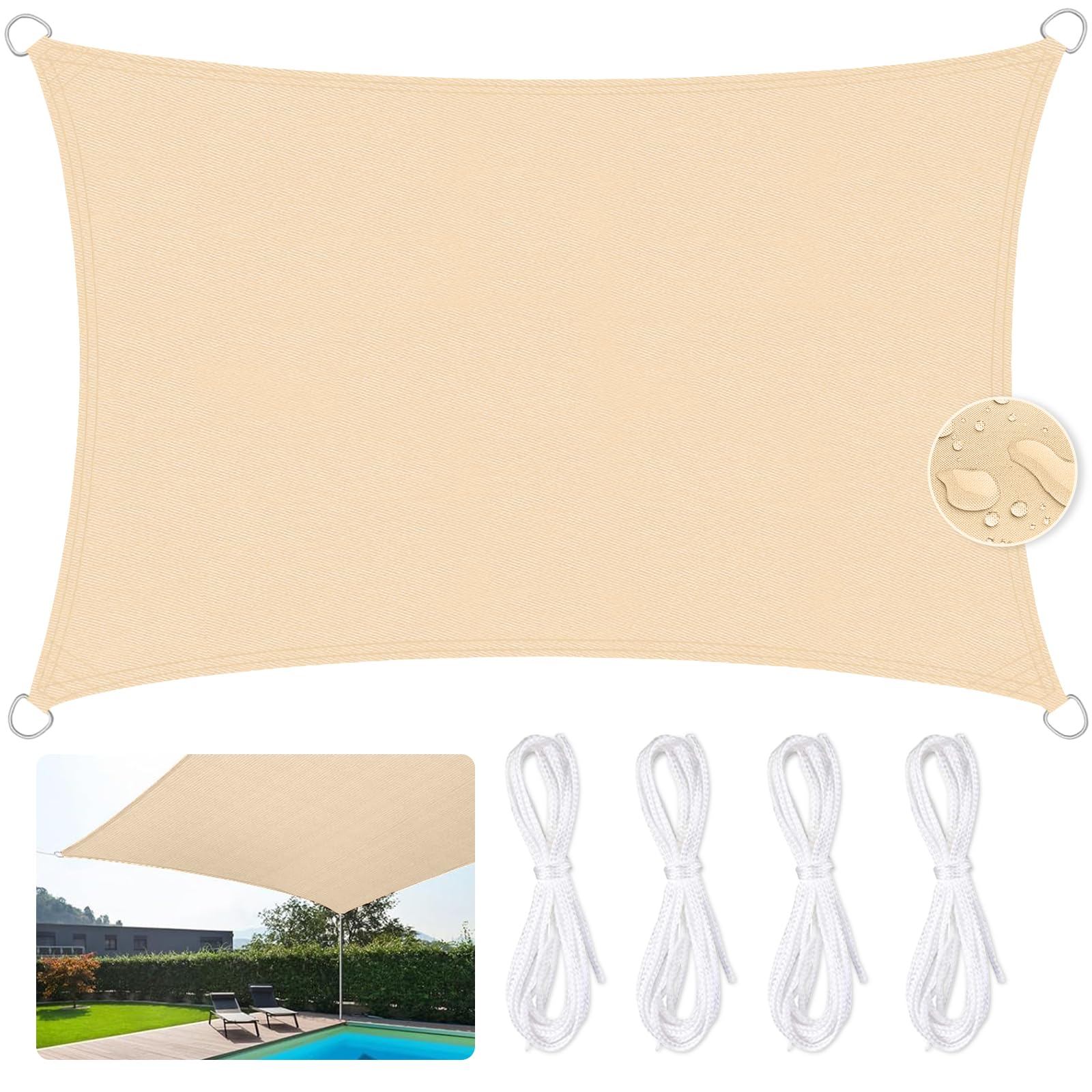 Wasserdichtes Rechteckiges Sonnensegel 3x5m 420D Verschlüsseltes Verdicktes Oxford Gewebe 95% UV Beständig für Pool, Garten, Terrasse, Park, Camping - Beige