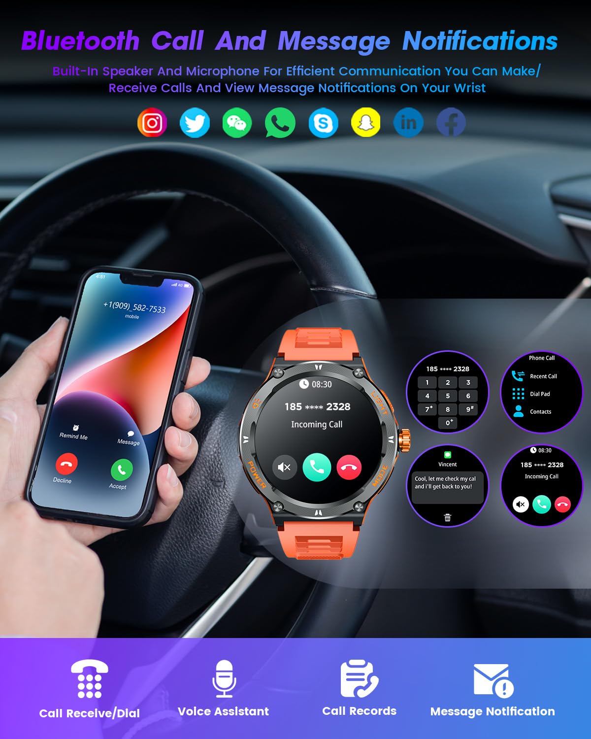 Smartwatch Uomo Orologio Fitness Watch: Orologi Militare con Chiamate Bluetooth e Risposta Vivavoce Sport Smart Watch per Android Iphone 4ATM Impermeabile Digital Contapassi Polso con Torcia Elettrica
