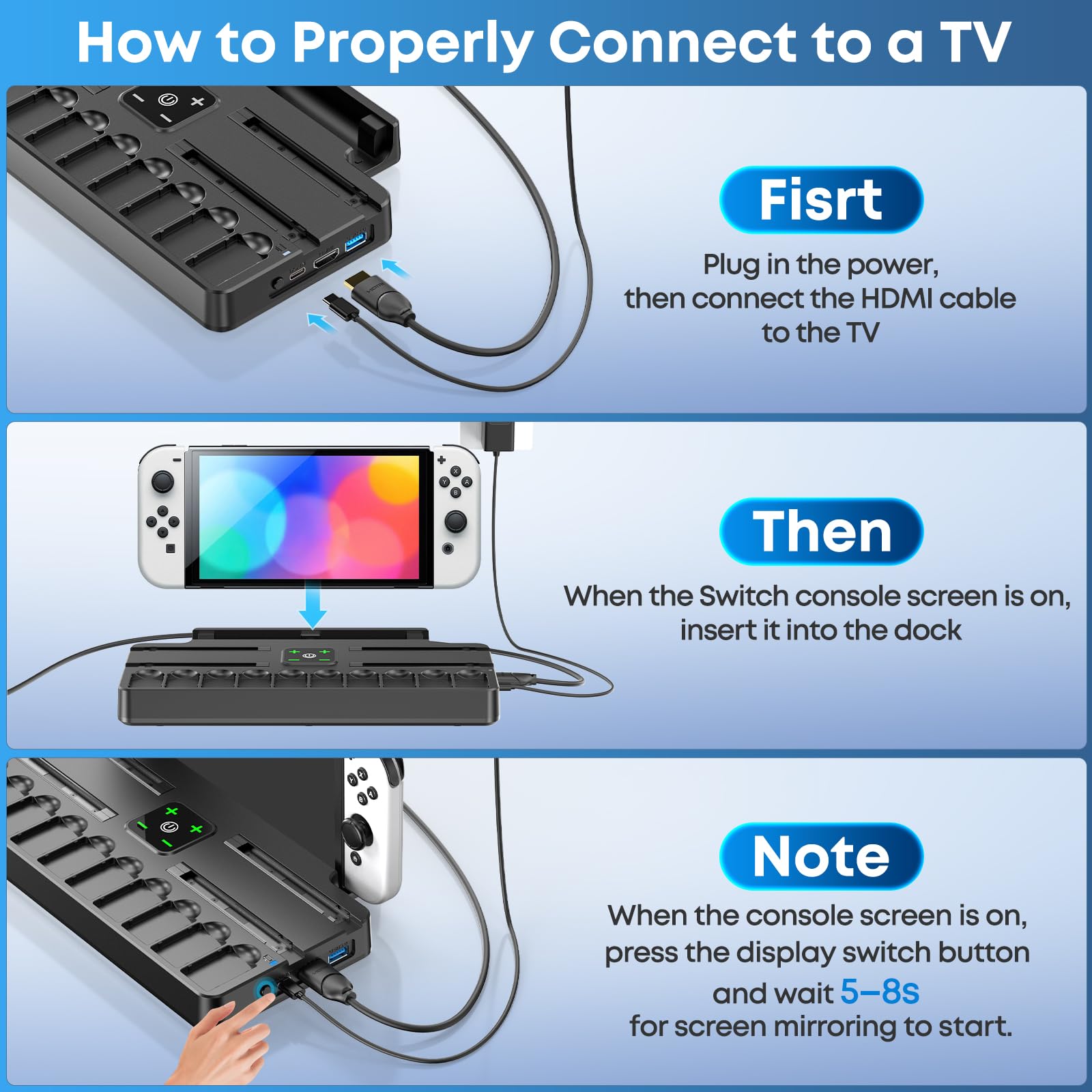 Switch TV Dock con Caricatore per Joycon, Dock per Nintendo Switch/OLED, Base di Ricarica per Joycon Switch con 4K HDMI, Porta USB 3.0 e Organizer per 10 Gioco Switch