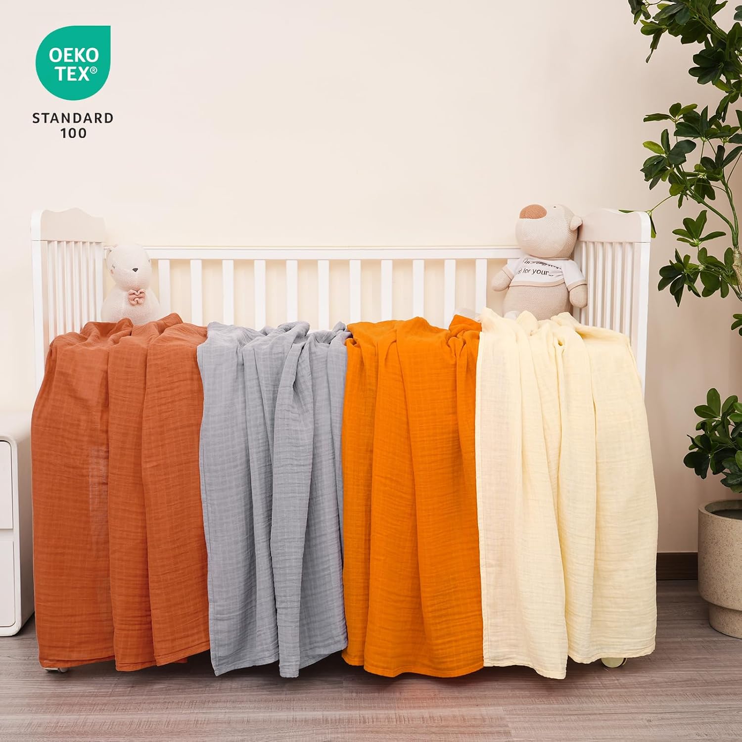 david's kids 4 Pack Baby Muslin Swaddle Blankets 47" x 47", 100% Cotton Swaddling Blankets Wrap for Boys Girls, Ultra Soft Breathable Receiving Blanket, New Born Essentials, Brown&Grey&Ginger&Beige