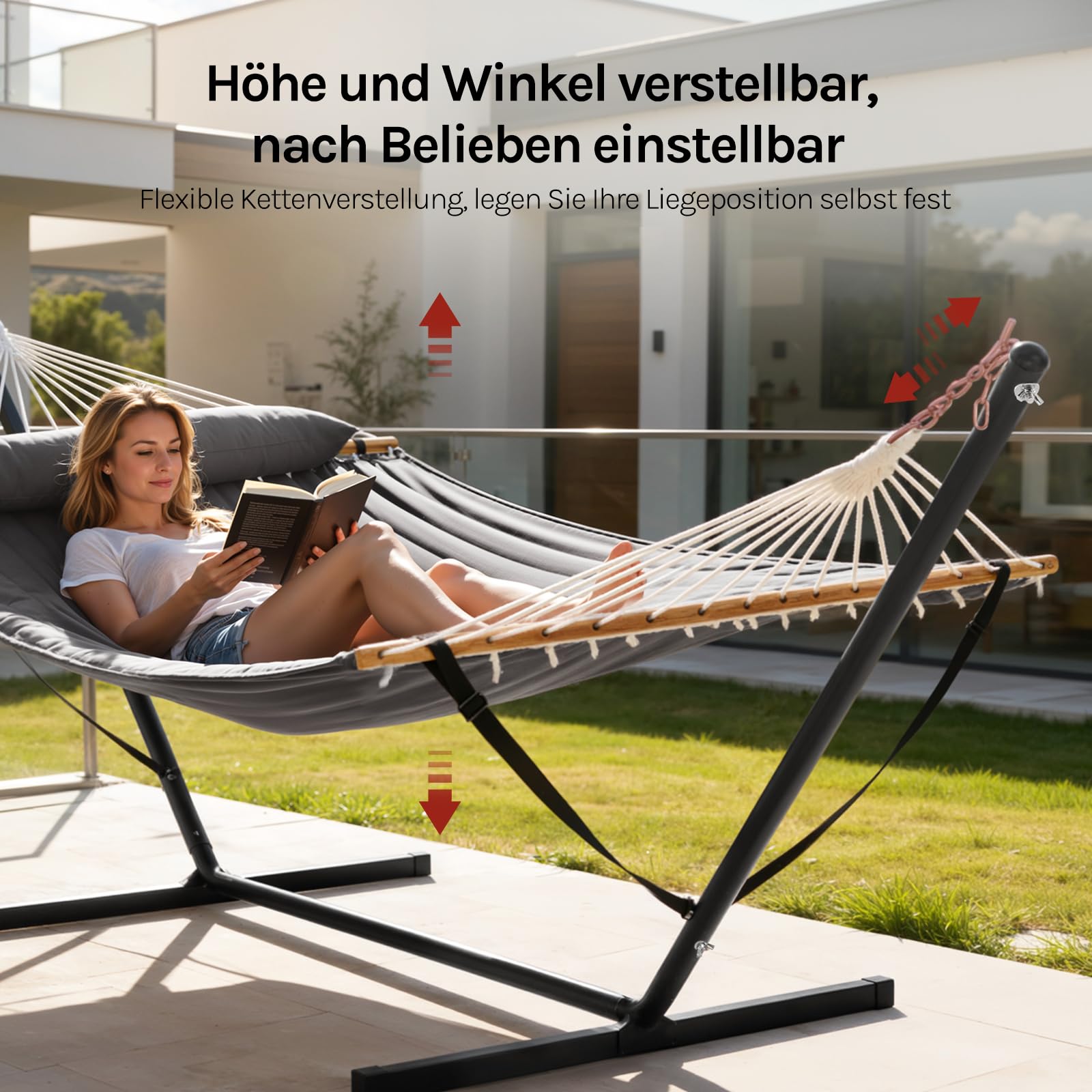 WOLTU Hängematte mit Gestell, Doppelhängematte mit Seitentasche Kissen, Tragbar Hängematte Outdoor für den Garten Terrasse Balkon Camping & Pool belastbar bis 250 kg, für 2 Personen