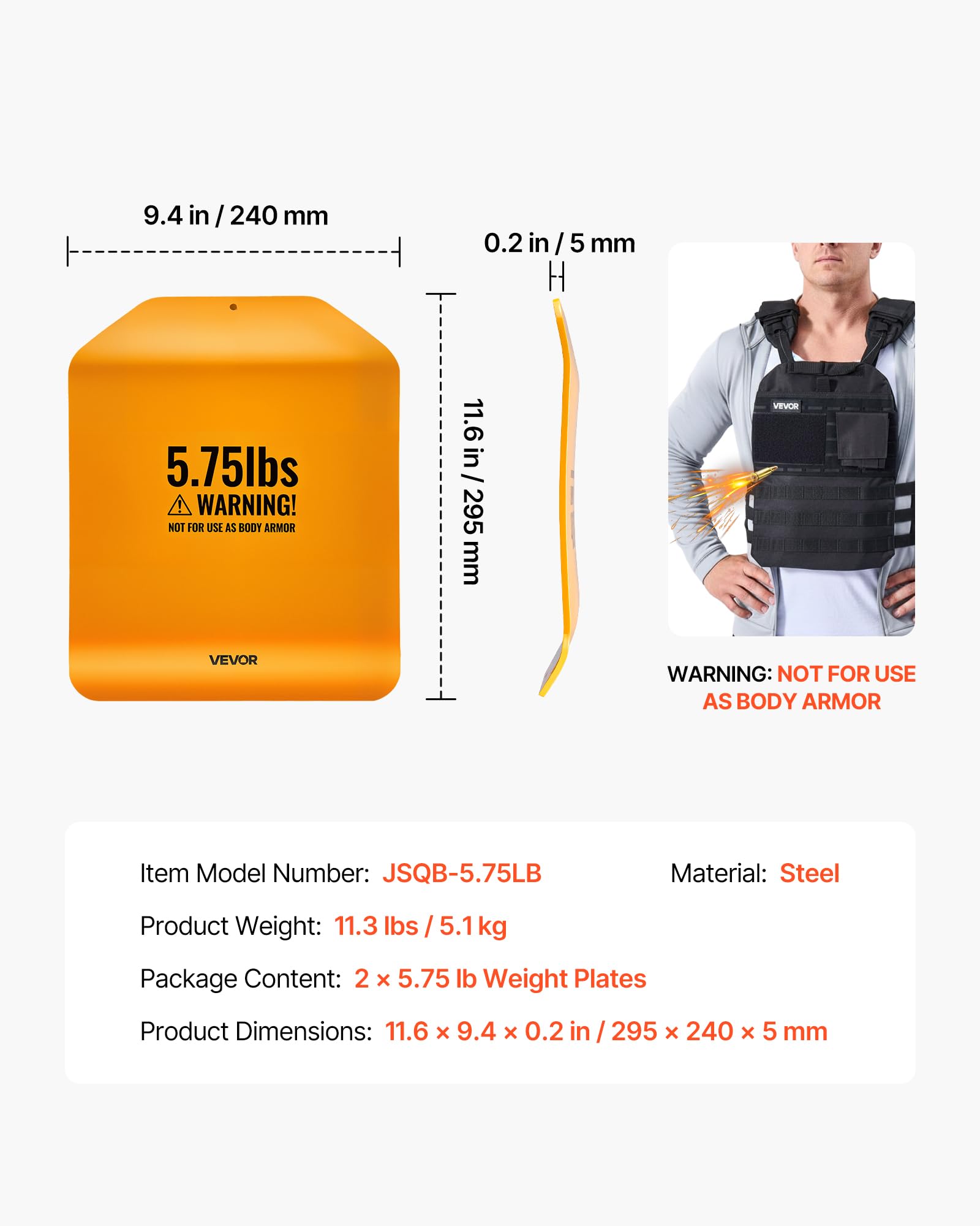 VEVOR Plaque pour Gilet Lesté, Plaques de Lestage Incurvées 2PCs Total 5,1 kg, pour Course Jogging Randonnée Entraînement Croisé Fitness Musculation, Poids pour Veste Lestée en Acier, Gilet Non Inclus