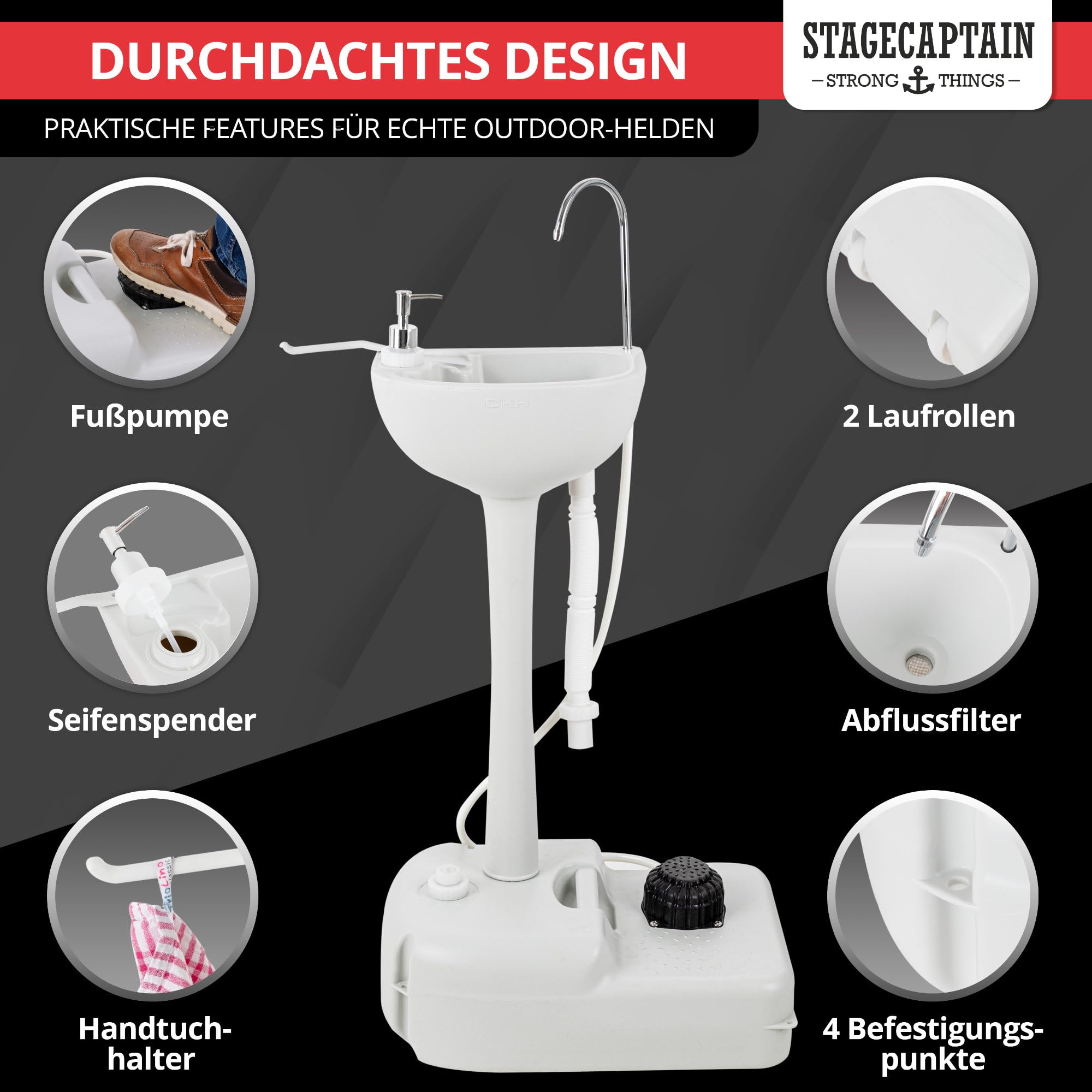 Stagecaptain PSW-17 Quixie Przenośna umywalka kempingowa Zestaw Deluxe - Mobilna umywalka do mycia na świeżym powietrzu Zbiornik Pompa mechaniczna - Zlew z kołami i zbiornikiem na wodę