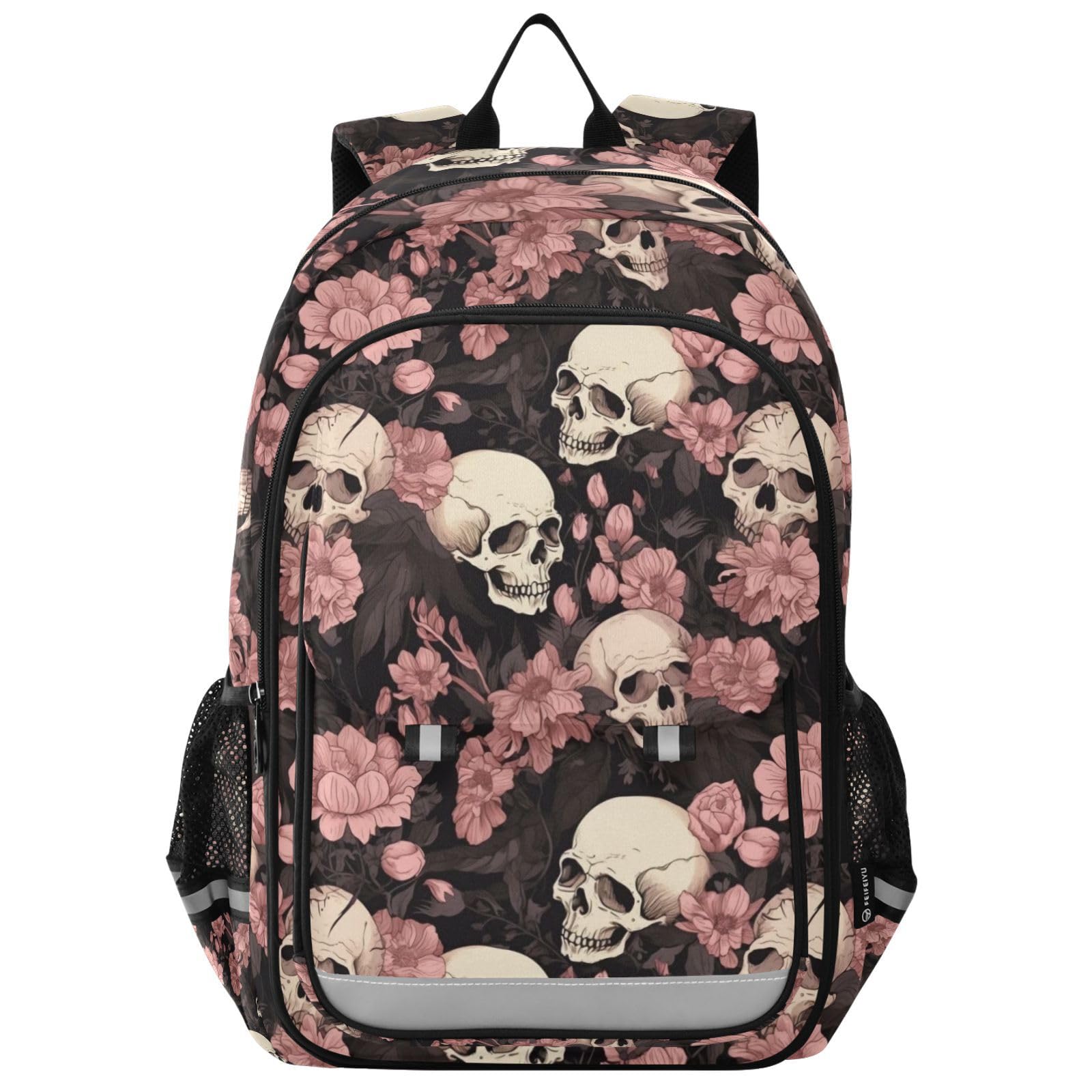 ALAZA Skeleton Skull Pink Flowers School Backpacks Travel Laptop Bag Kids Bookbag for Girls Boys Teens Women Men