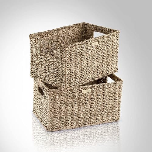 ADO Basics Canastas de mimbre de hierba marina para organizar con asas integradas, longitud 13 pulgadas, ancho 8.3 pulgadas, altura 7.1 pulgadas,