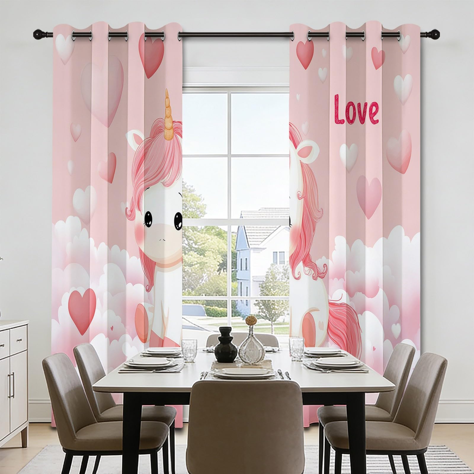 Rideau Occultant Thermiques Anti Froid Licorne Dessin Animé Nuages Cœur, 117 x 229 cm(LxH), Rideau Isolant Anti-Bruit, Économie d'Énergie, Idéal pour Chambre d'Enfant Jardin d'Enfants, Rose, 2 Pièces