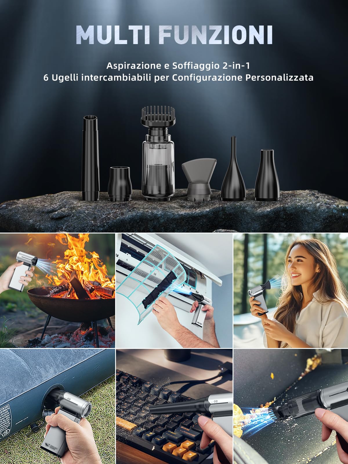 Smiling Shark Elettrico Rimuovi Polvere Aria Compressa, J02 Alluminio 150000 Giri/Min Soffiatore d'Aria Elettrico - Senza Fili con Modalità Storm & Batteria 8000mAh per PC/Auto/Casa/Camping, Argento