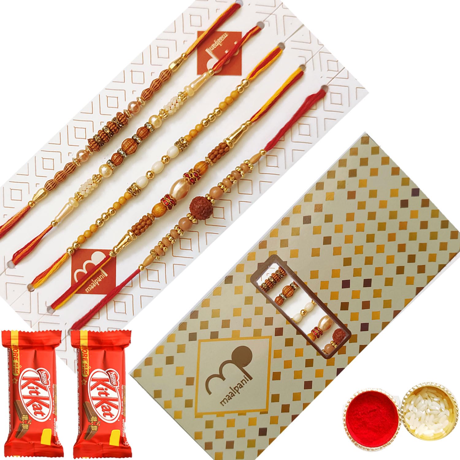 Maalpani Rakhi Gift for Brother with Chocolate Combo – 2 Kitkat Chocolates + 5 Rakhis & Greeting Card Combo Pack | Rakshabandhan Gift For Brothers, Kids, Boys | Festive Gift Hamper Set