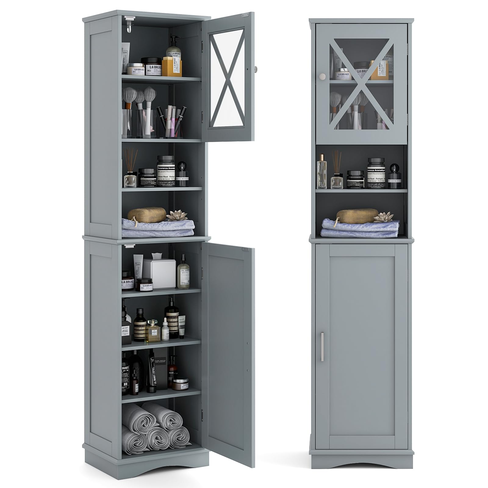 COSTWAY Bathroom Tall Cabinet, Freestanding Storage Cupboard with 5 Adjustable Shelves and 2 Doors, Wooden Tall Narrow Slim Bathroom Unit Floor Cabinet for Living Room Hallway, 40x30x170cm (Grey)