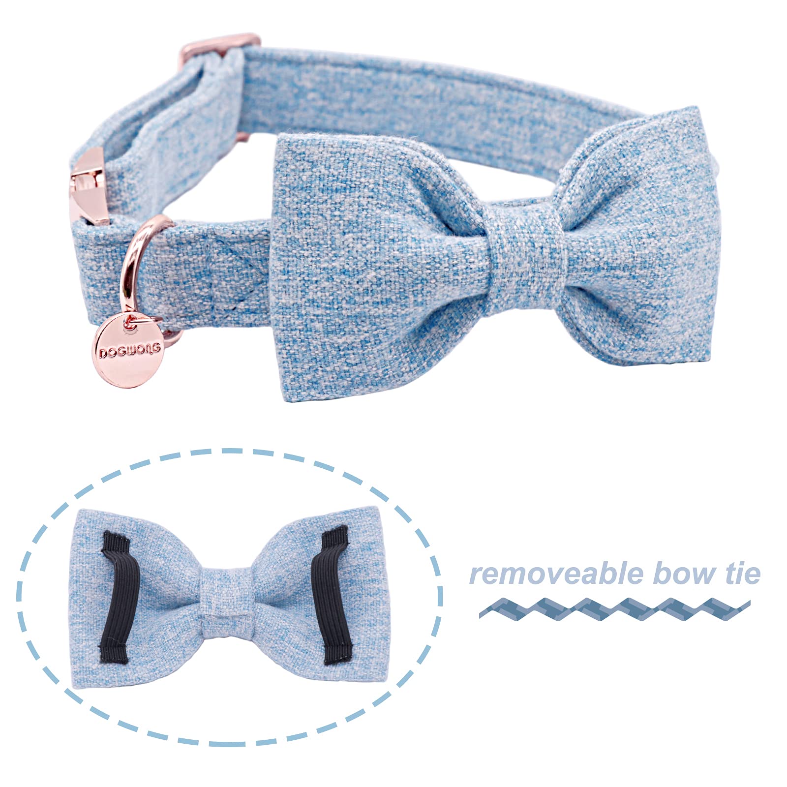 DOGWONG Cotton Dog Collar with Bow Light Blue Pet Collar Durable Adjustable for Small Dogs, Small (Pack of 1) - Image 2