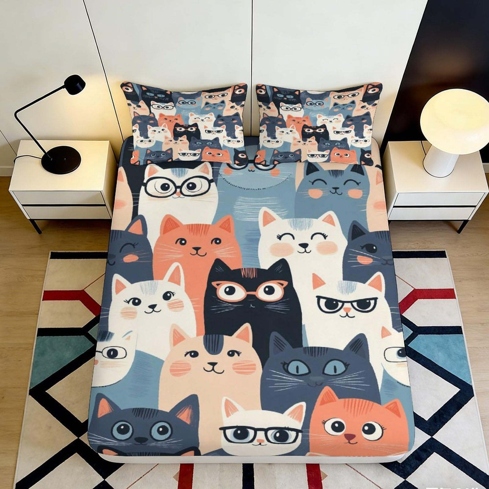 3D Printed Cartoon Cats Fitted Sheet Microfiber Soft Breathable 3D Printed Glasses Cats Mattress Cover for Bedroom Dormitory Guest Room Mattress Protection Decor 160x200x25cm