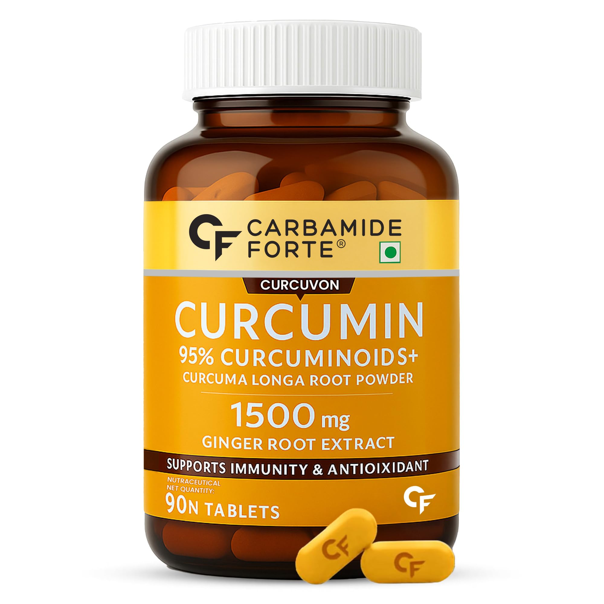 Carbamide Forte Curcumin Tablets with Piperine and 95% Curcuminoids | Anti inflammatory Supplement for Adults | With Curcuma Longa, Turmeric & Ginger Root extract | 90 Veg Tablets