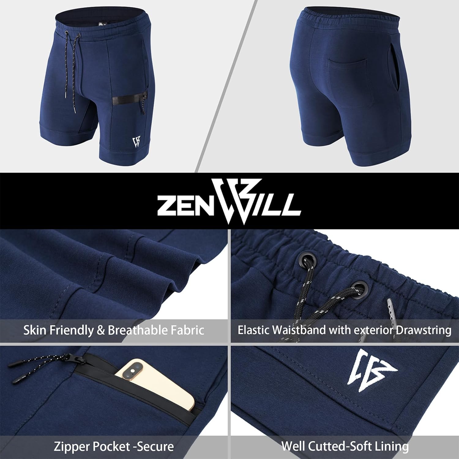ZENWILL Mens 2 Pack Zip Gym Athletic Shorts, 7" Workout Running Fitness Cotton Training Shorts for Men with Zip Pockets(Large,Navy Blue)