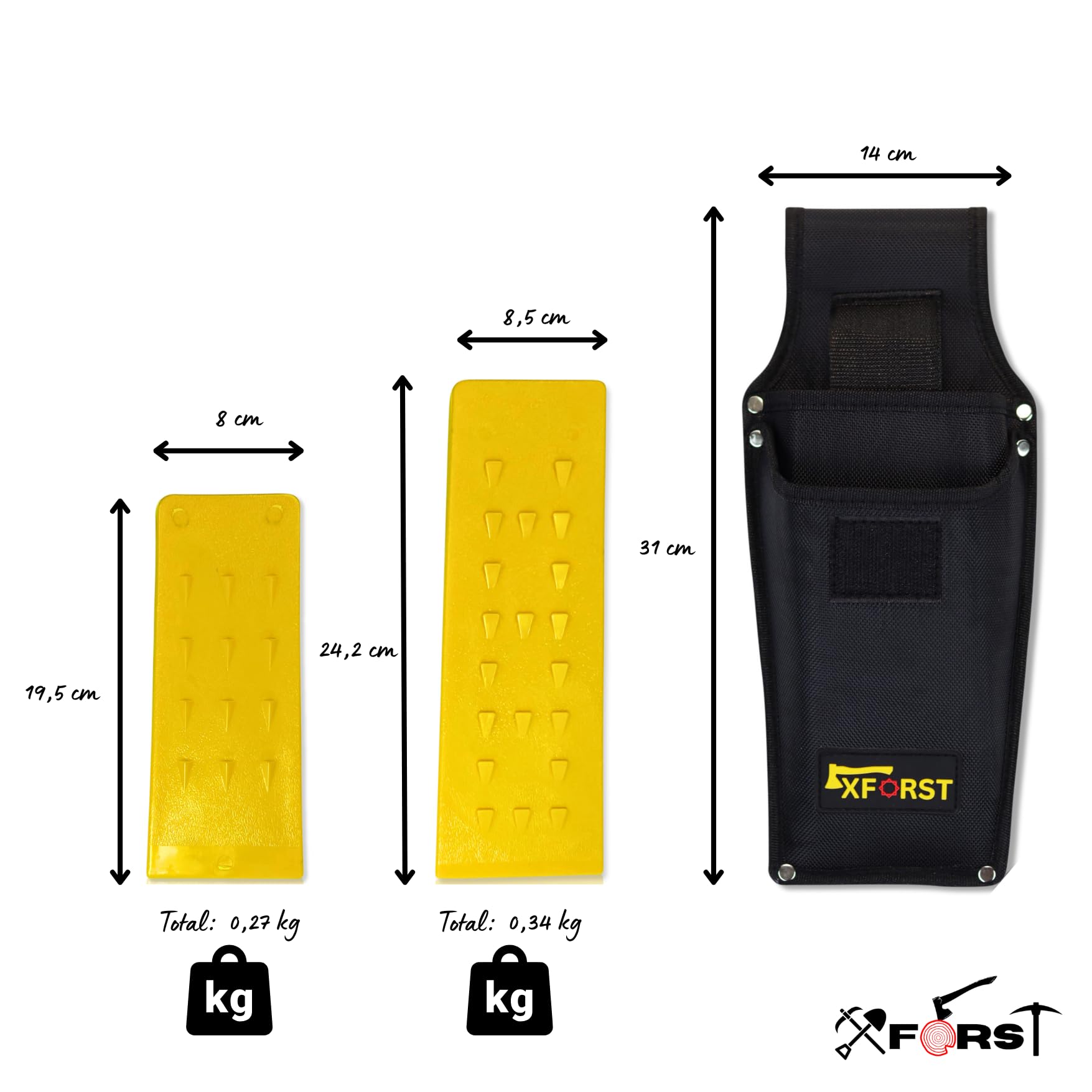 Cales d’Abattage Professionnelles Lot de 2 – Coins Forestiers 19,5 cm & 24,2 cm Plastique ABS Jaune Résistant aux Chocs et au Gel – Accessoires Tronçonneuse avec Sac