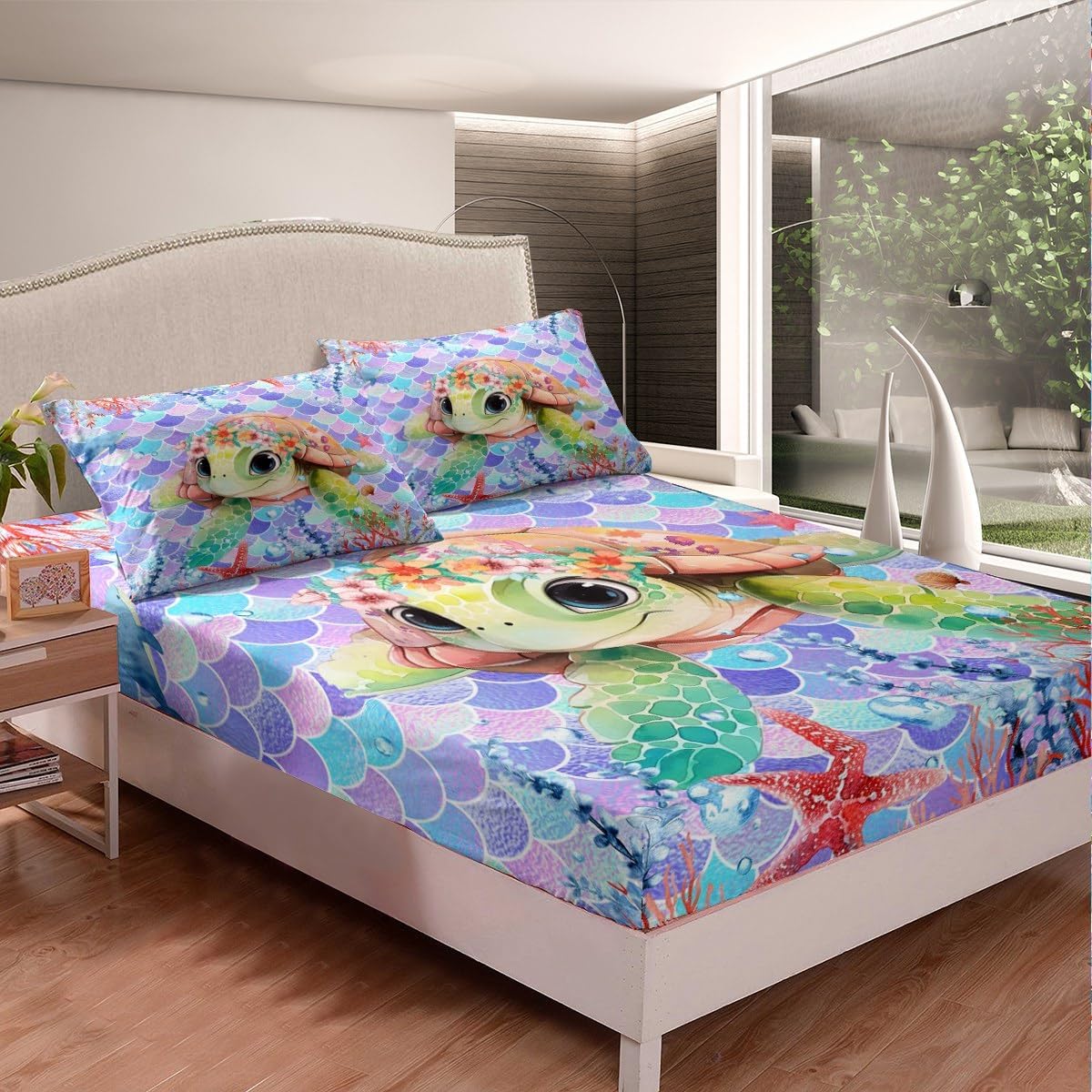 Feelyou Sea Turtle Fitted Sheet Full Size, Mermaid Scales Bed Sheet Set Ocean Turtle Bedding Set for Kids Boys Girls Ocean Coastal Bed Cover Lightweight Bed Set (No Flat Sheet)