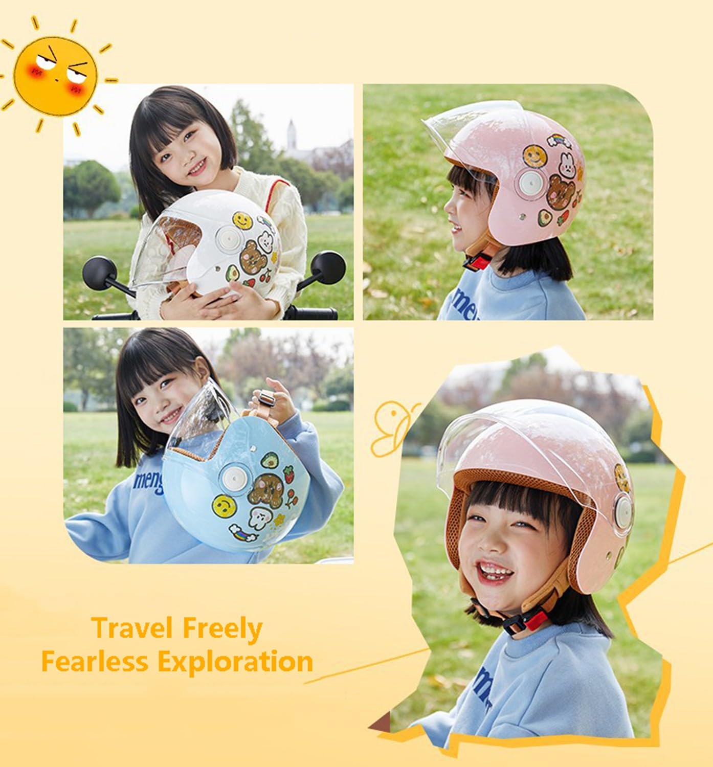 Casco de Moto para Niños Casco Medio Lindo Casco de Motocicleta de Cara Abierta Casco de Bicicleta Casco de Ciclomotor para Niño y Niña Niños de 4 a 12 Años N,53-54CM
