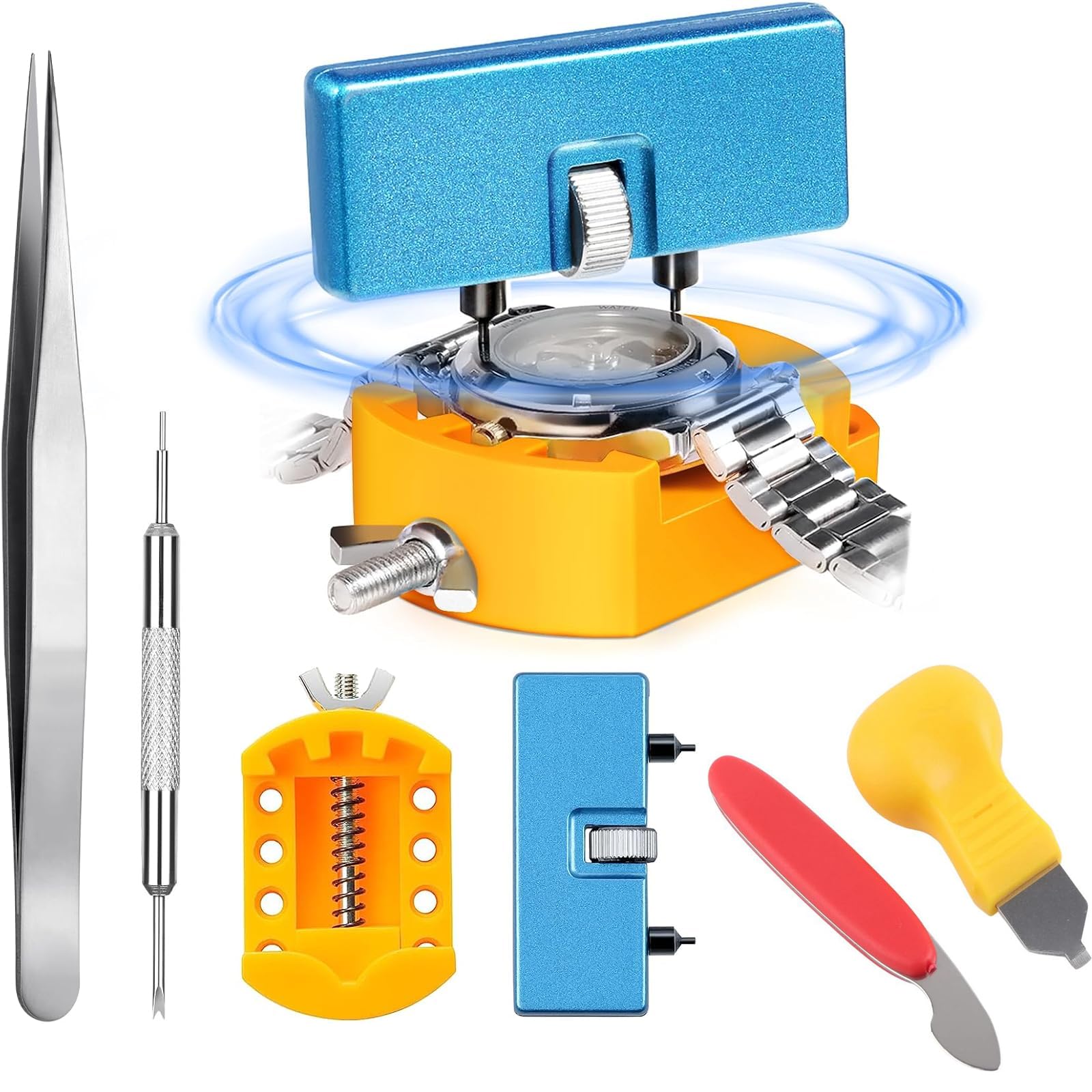 Dxbnezbc Unisex Multicolour Watch Back Removal Tool Kit,Watch Opening Tool,Watch Battery Replacement Kit For Rotate Open Watch Cover,Case Opener With Back Remover Holder,Tweezers,Spring Bar Tool
