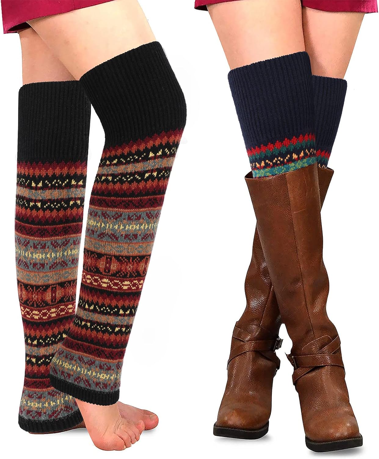 PHOGARY 2 Pairs Winter Leg Warmers for Women, Bohemian Style Crochet Knitted Boot Socks for Girls High Leg Warmers Boot Topper Socks Leg Cuffs Gift for Girls (Black+Navy) - Image 6