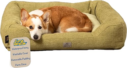 Furry's Paradise Cuddler - Cama impermeable para mascotas con fibras recicladas y parte inferior antideslizante (verde oliva, mediana)