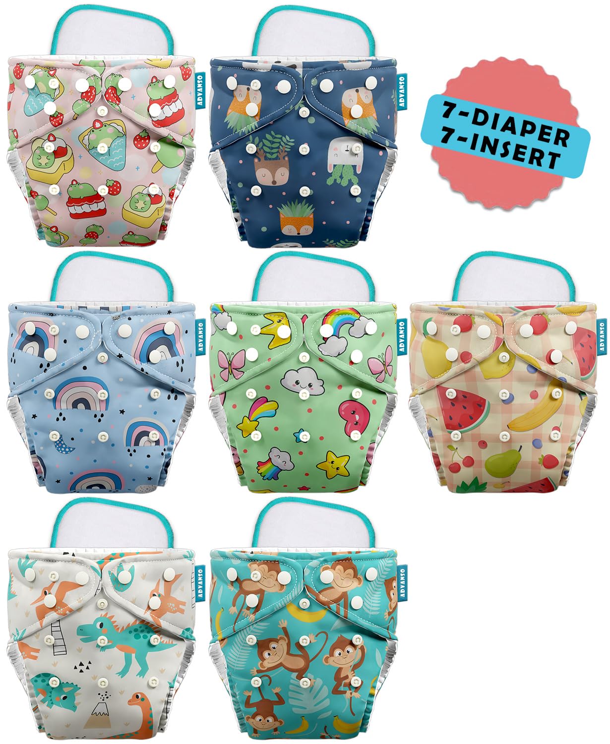 Advanso Leakage Proof cloth diapers for babies, high absorbent 7 reusable diaper 7 insert pad combo pack washable cloth diaper free size 5-18kg adjustable pocket cover 49