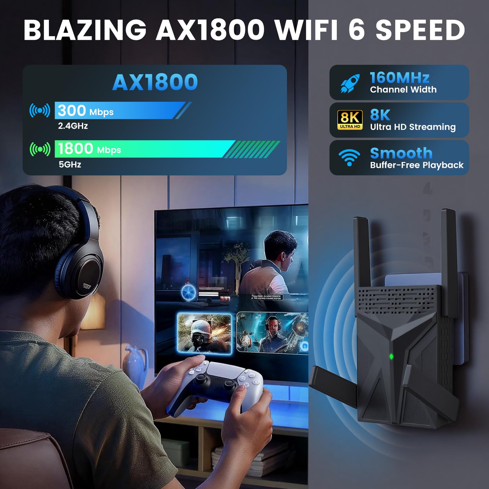 AX1800 WLAN Repeater WiFi 6, WLAN Verstärker Dual Band bis 1800 Mbit/s, Internet Signalverstärker mit Gigabit LAN Port, WiFi Extender mit Repeater & Access Point Modus, für Zuhause und Büro