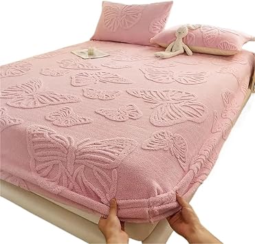 Fleece Fitted Sheet Warm Plush Elastic Fitted Sheet Mattress Protector Cover Winter Coral Fleece Bed Linen Double BeddingPink,140x200x25cm 1pc