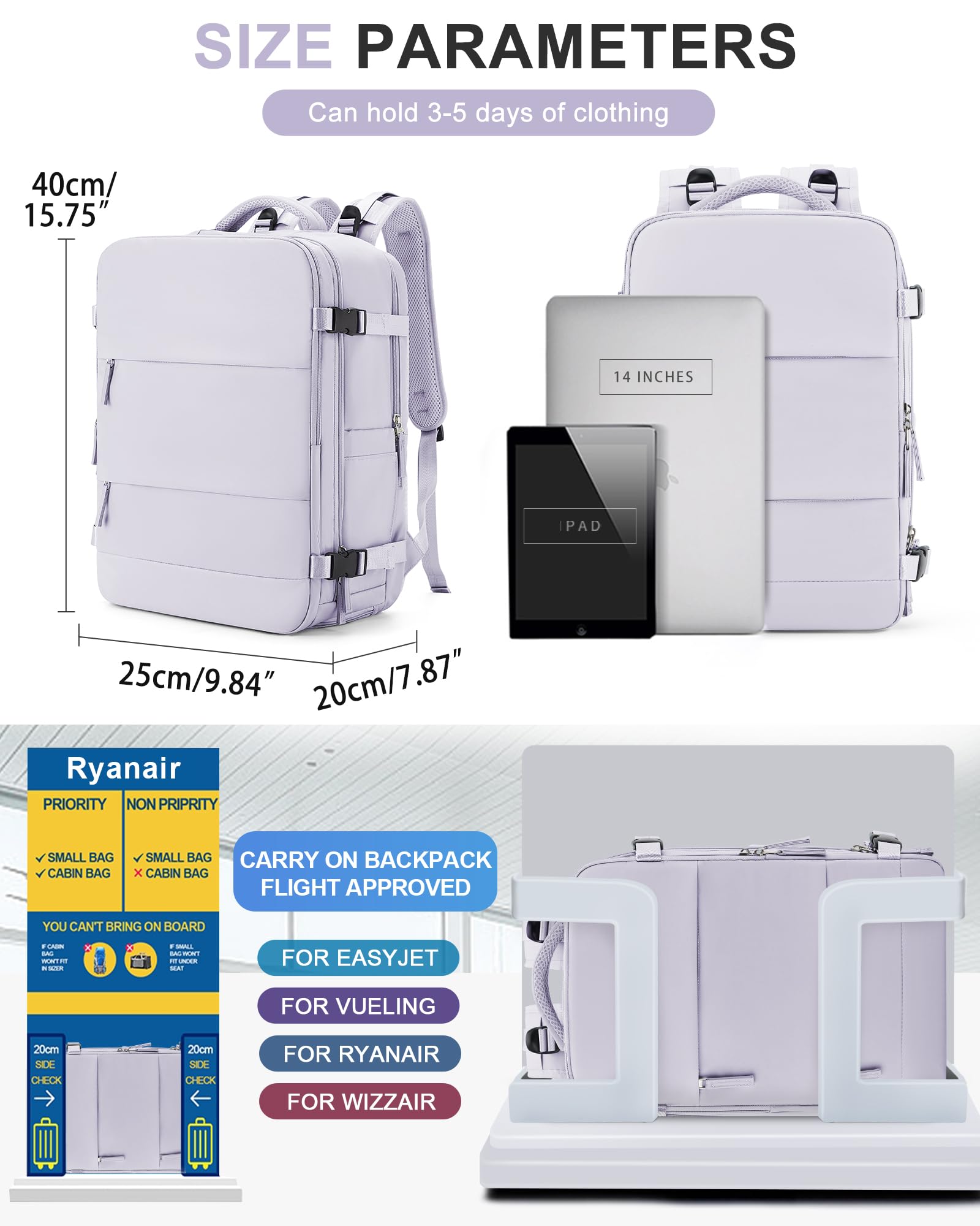 BJLFS Borse da Cabina per Ryanair 40x20x25 Zaino sottovuoto da viaggio Bagaglio a Mano con compressione sottovuoto,Zaino Easyjet 45x36x20,Zaini Casual per laptop da 14 pollici per scuola