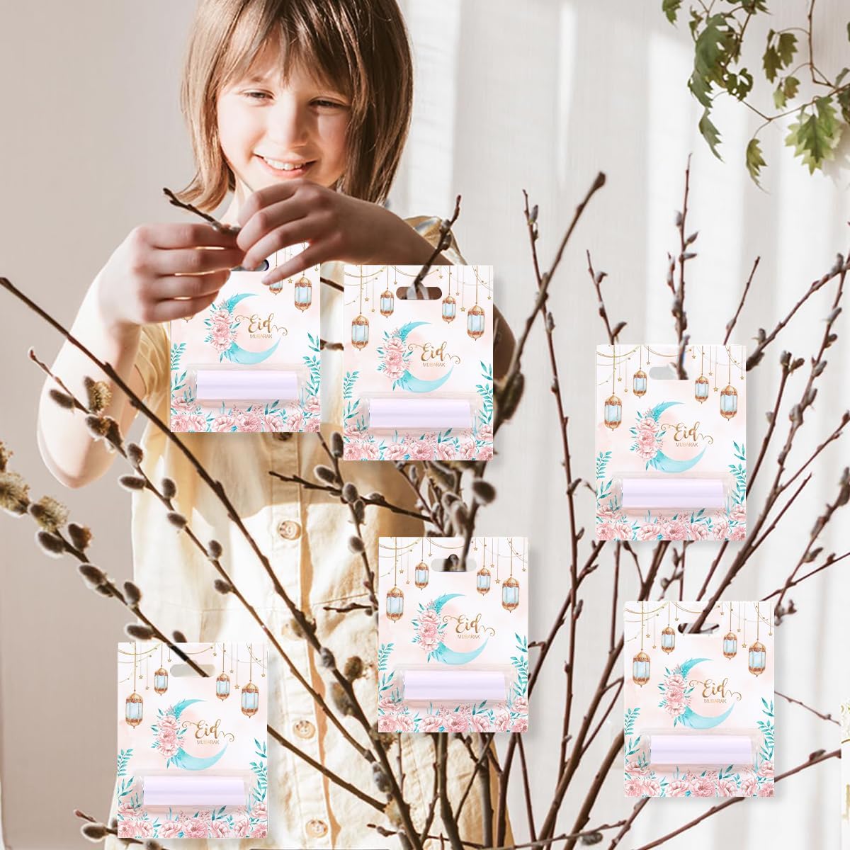 6 Pcs Eid Mubarak Money Holder for Cash, Pink Flower Green Moon Design Ramadan Gift Cards with Plastic Cover and Adhesive, Money Envelopes Ornament for Kid Holiday Muslim Iftar Party