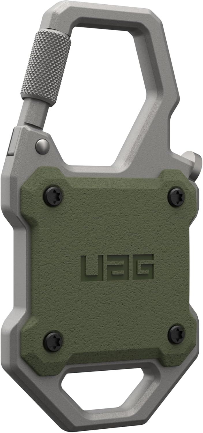 URBAN ARMOR GEAR UAG Designed for AirTag (Gen 2 & 1) Case with Built-in Bottle Opener Monarch - Hard Shell Lock Case AirTag Holder with Locking Carabiner for Keys, Luggage & Bags, Olive Drab/Silver